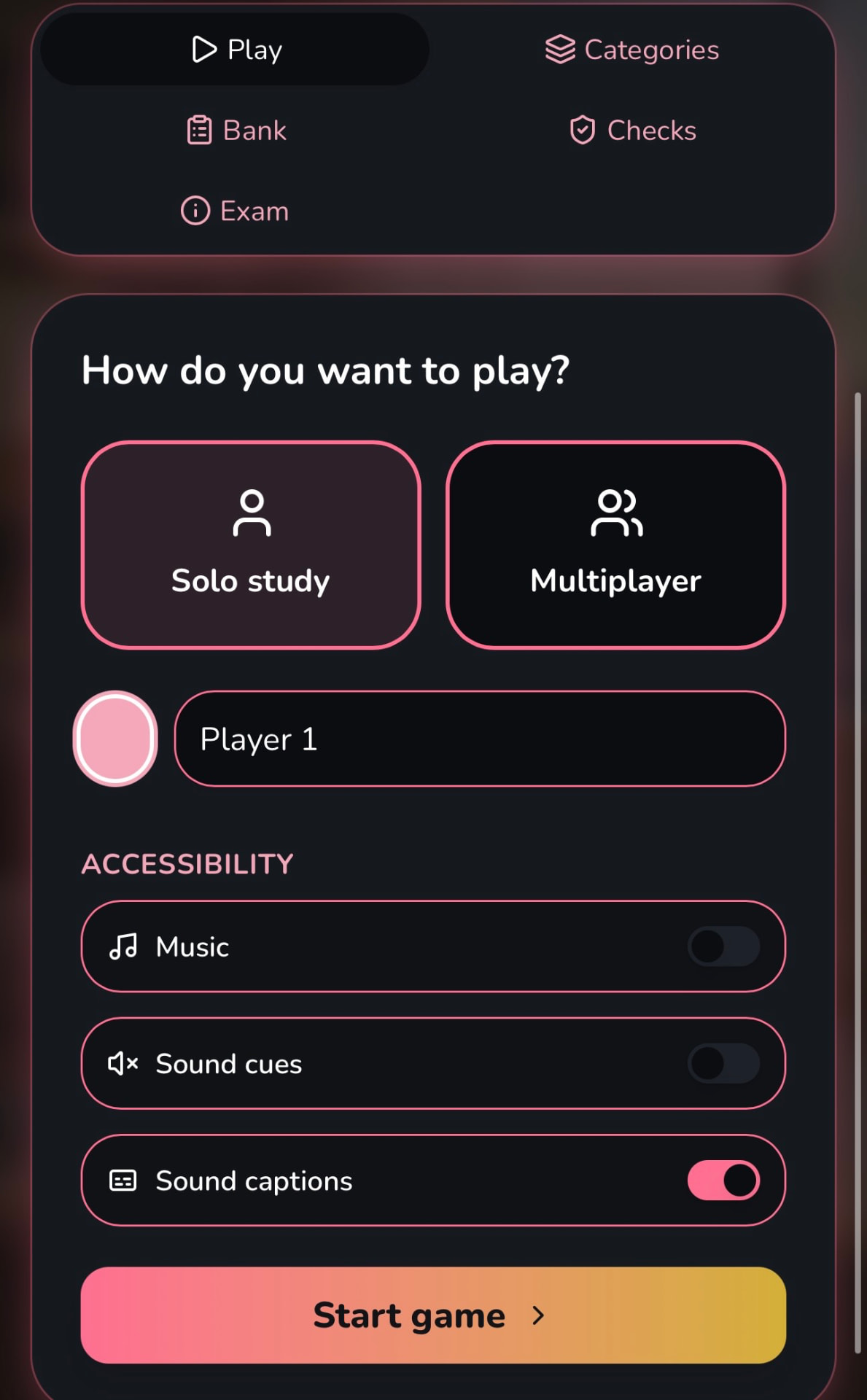 Solo or multiplayer setup with music, sound cue, and caption controls.