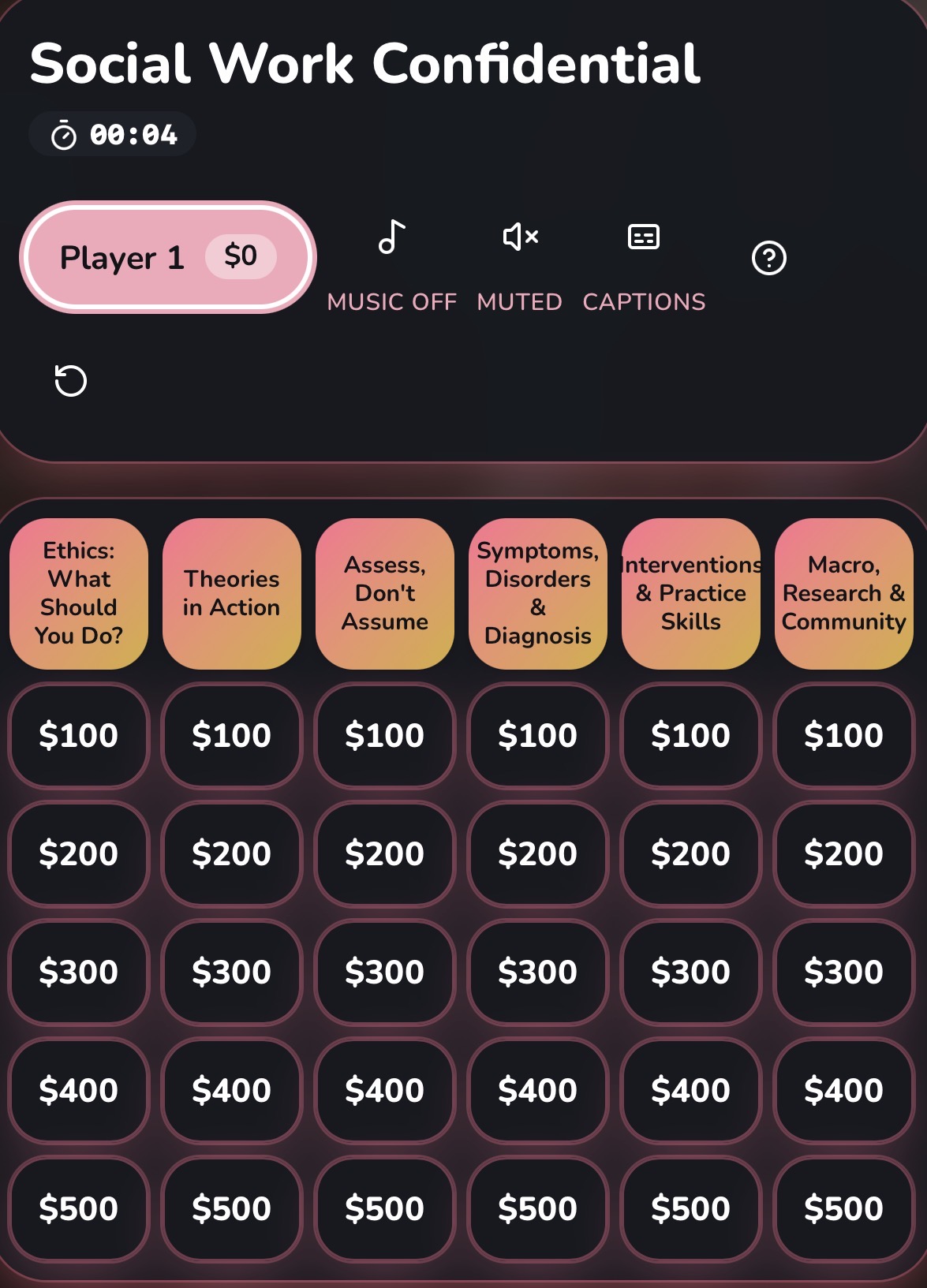 Game-show style board with social work content categories and point values.