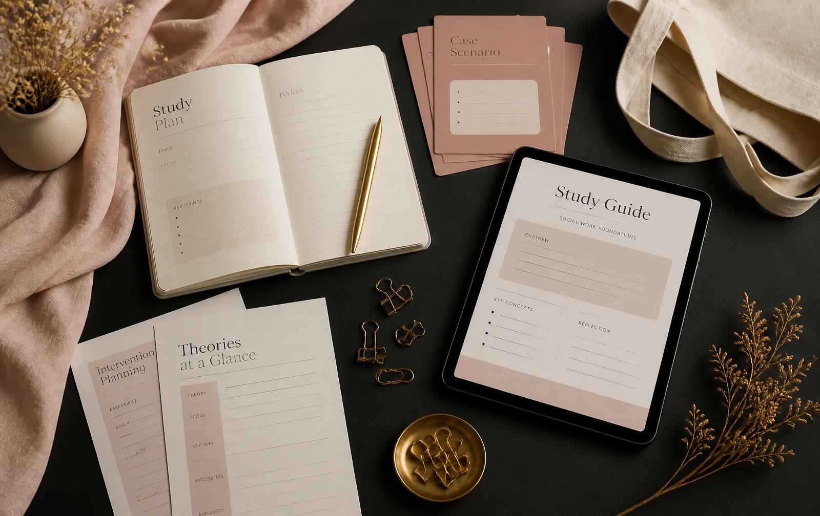 Flat lay of social work study printables, planner cards, notebook, and tote bag
