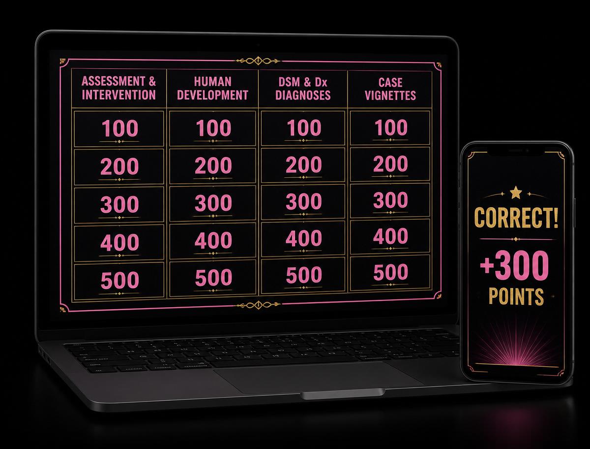SW Confidential by Erica Jew — ASWB study game shown on a laptop and phone